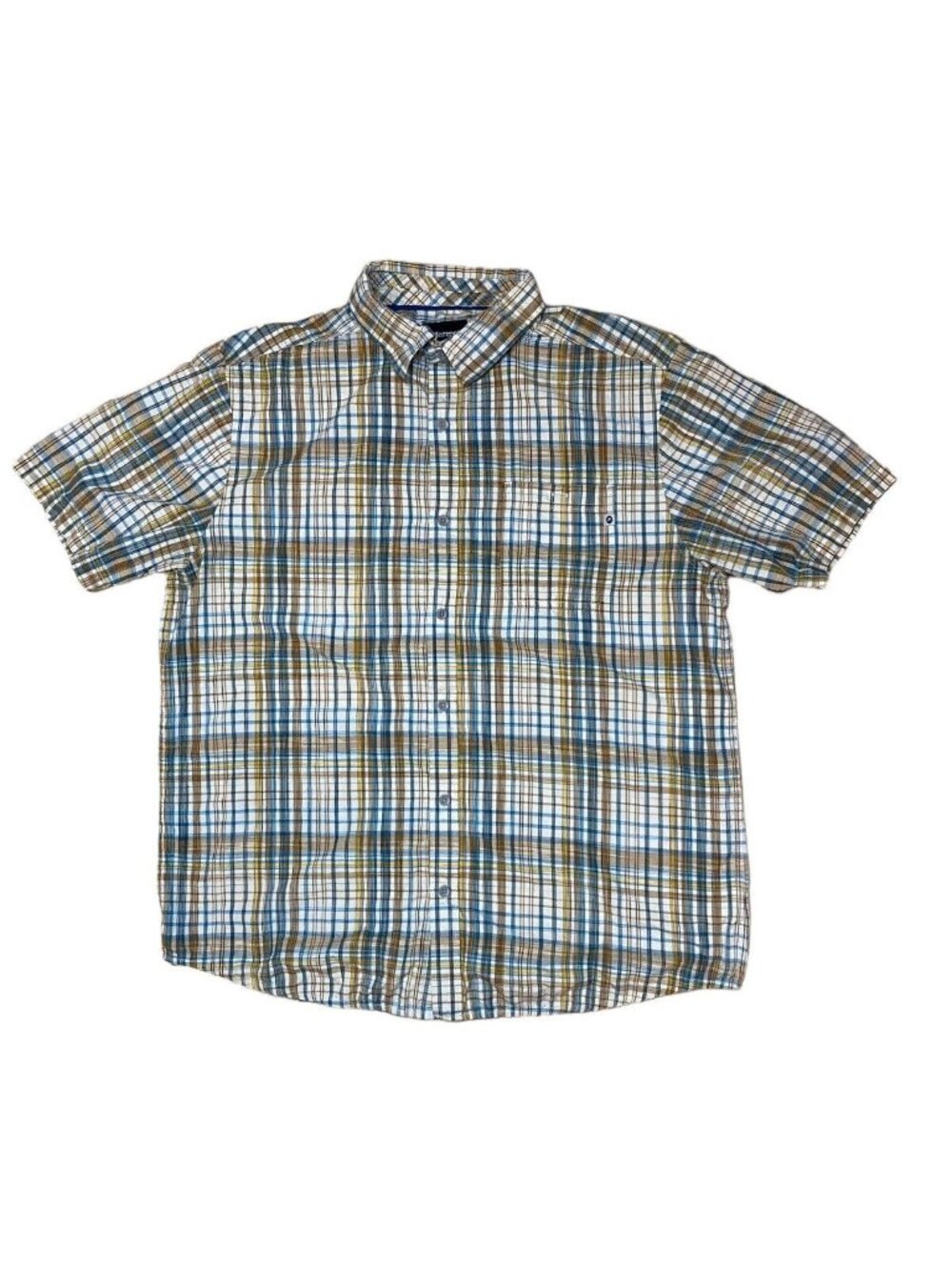 Men's Marmot Short Sleeve XL Plaid Shirt Chest Pocket Button Up Blue Brown